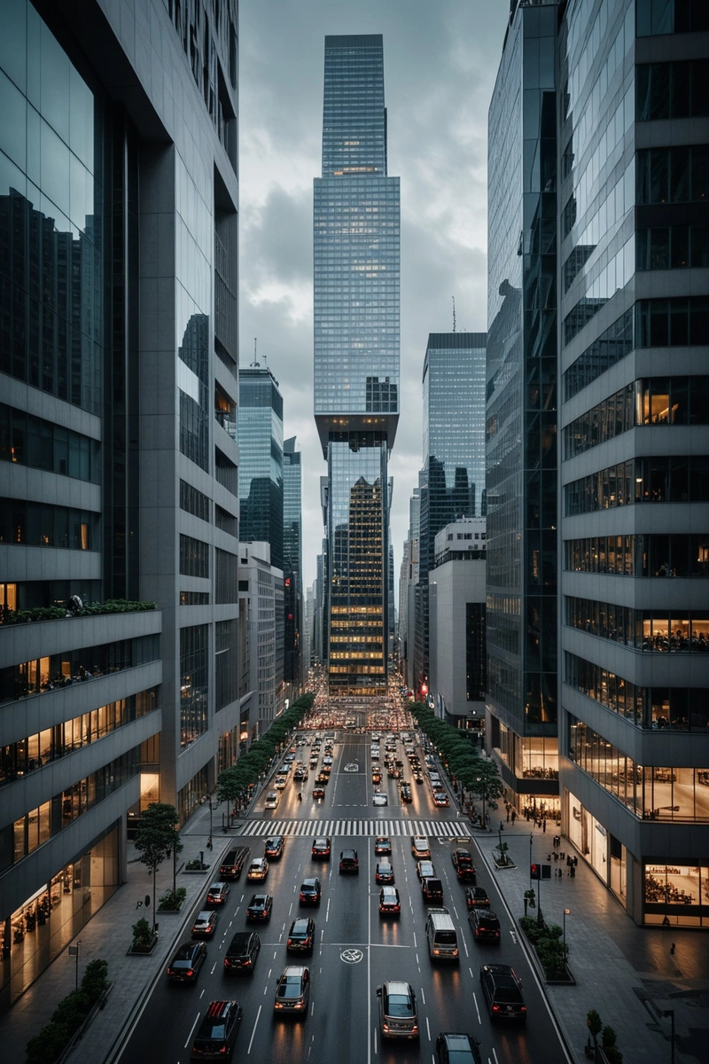 灰色的天空下,一座现代化的城市隐约出现在眼前。一排排的高楼大厦就像一个巨大的迷宫,迷宫的中心是一条灯火通明、车辆穿梭的宽阔街道。左边是玻璃幕墙的方形建筑,右边是顶部有观景台的银色长方体建筑。正下方是一个繁忙的十字路口,车辆和行人交织在一起。整个城市有一种现代、繁华的感觉。 灰色的天空下,一座现代化的城市隐约出现在眼前。一排排的高楼大厦就像一个巨大的迷宫,迷宫的中心是一条灯火通明、车辆穿梭的宽阔街道。左边是玻璃幕墙的方形建筑,右边是顶部有观景台的银色长方体建筑。正下方是一个繁忙的十字路口,车辆和行人交织在一起。整个城市有一种现代、繁华的感觉。