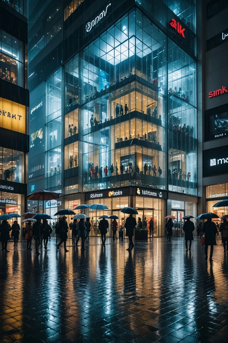 雨夜，繁华的城市街区散发出独特的气息。在街区的中心是一个现代化的购物中心，设计独特，玻璃幕墙在光线下发光。在购物中心的入口处有一个大屏幕，广告正在播放。在街区的另一边是一座高耸的摩天大楼，它的玻璃和钢铁立面非常引人注目。在这个场景中，人们忙着穿梭，有的拿着雨伞，有的穿着雨衣，他们匆匆穿过街道前往各自的目的地。