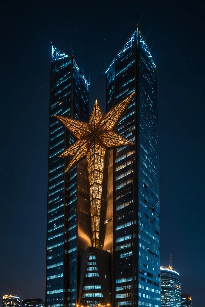 它是位于城市中心的摩天大楼,它的设计是独特的,就像科幻小说中的未来建筑。该建筑由两座塔楼组成,通过中空的连接连接,形状像一个伸展的翅膀。连接部分的表面呈星形图案,夜幕降临时,建筑的灯光照亮了整个城市。 它是位于城市中心的摩天大楼,它的设计是独特的,就像科幻小说中的未来建筑。该建筑由两座塔楼组成,通过中空的连接连接,形状像一个伸展的翅膀。连接部分的表面呈星形图案,夜幕降临时,建筑的灯光照亮了整个城市。