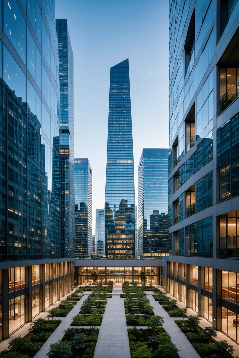 在这幅图中,我们看到一座未来主义的建筑耸立在城市建筑群之上。建筑的外观设计是独特的,许多玻璃表面反映了周围的建筑和天空。在建筑的底部,有一个种植了一些树木的方形庭院。在庭院的左右两侧,有几座玻璃幕墙的高层建筑。这些塔楼的设计也很引人注目,它们不同的形状和颜色与远处的摩天大楼形成鲜明对比。整个城市综合体呈现出独特的美感和未来感。 在这幅图中,我们看到一座未来主义的建筑耸立在城市建筑群之上。建筑的外观设计是独特的,许多玻璃表面反映了周围的建筑和天空。在建筑的底部,有一个种植了一些树木的方形庭院。在庭院的左右两侧,有几座玻璃幕墙的高层建筑。这些塔楼的设计也很引人注目,它们不同的形状和颜色与远处的摩天大楼形成鲜明对比。整个城市综合体呈现出独特的美感和未来感。