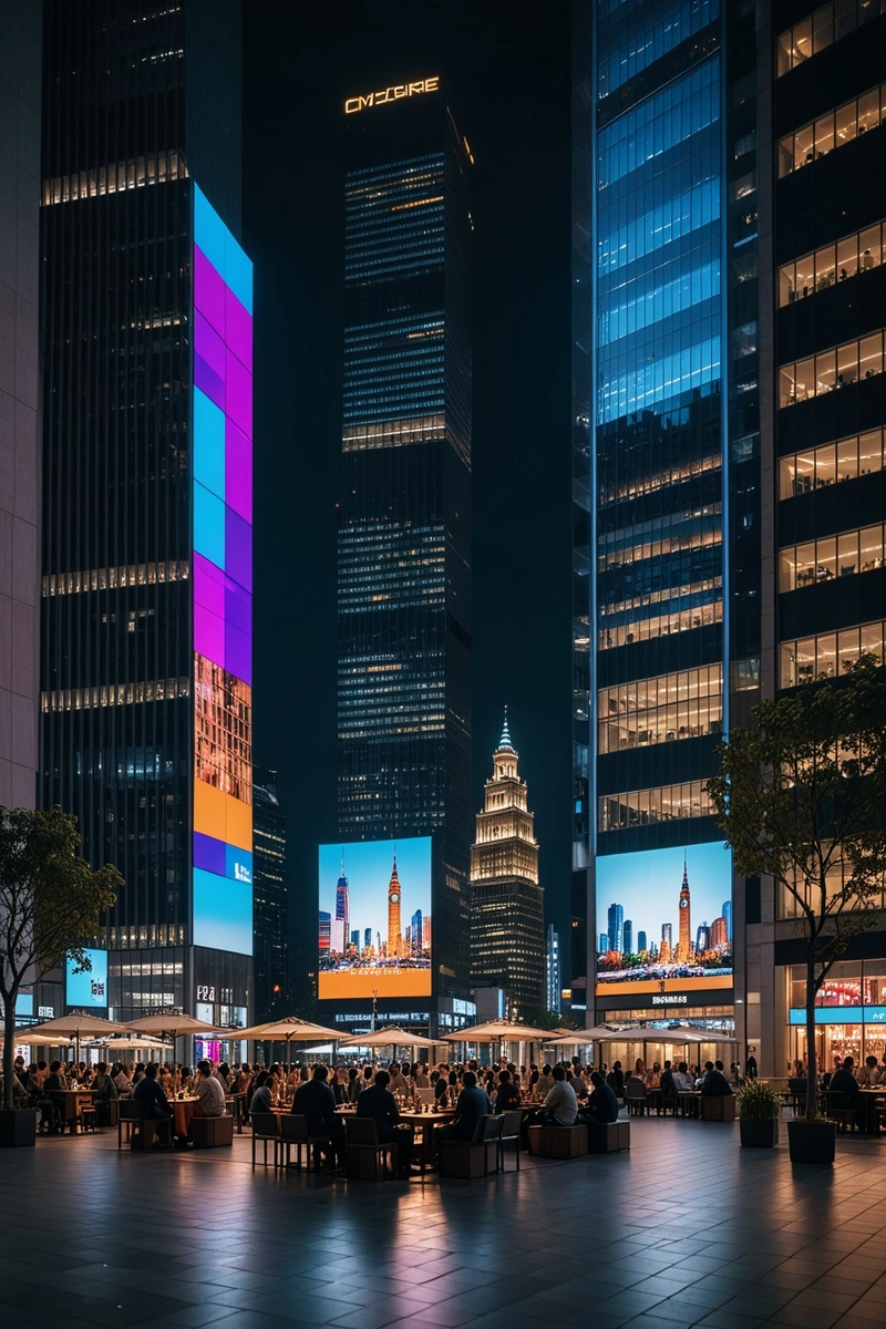 在夜景渲染图中,一个现代的城市广场挤满了人,周围环绕着高楼大厦。人们在广场的空地上散步,坐下来休息,或者在附近的桌子上吃饭。广场的一侧是一座高大的玻璃建筑,上面有一块醒目的彩色屏幕广告牌。远处是多幢同样高度的高层建筑,与广场上的玻璃建筑形成鲜明对比。 在夜景渲染图中,一个现代的城市广场挤满了人,周围环绕着高楼大厦。人们在广场的空地上散步,坐下来休息,或者在附近的桌子上吃饭。广场的一侧是一座高大的玻璃建筑,上面有一块醒目的彩色屏幕广告牌。远处是多幢同样高度的高层建筑,与广场上的玻璃建筑形成鲜明对比。