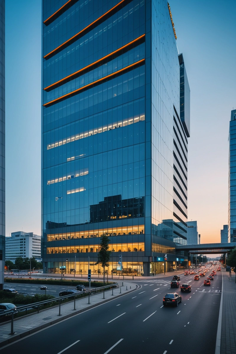 在繁忙的城市交通中,一条高速公路从一座现代化办公楼前经过。这栋建筑占地一个街区,有很多玻璃窗,看起来非常现代和高端。大楼的右侧有一座天桥,将高速公路与另一条街道连接起来。此外,还有其他几座建筑,其中一座前面有一个广告牌。天空是浅蓝色的,天空中有一些鸟。 在繁忙的城市交通中,一条高速公路从一座现代化办公楼前经过。这栋建筑占地一个街区,有很多玻璃窗,看起来非常现代和高端。大楼的右侧有一座天桥,将高速公路与另一条街道连接起来。此外,还有其他几座建筑,其中一座前面有一个广告牌。天空是浅蓝色的,天空中有一些鸟。