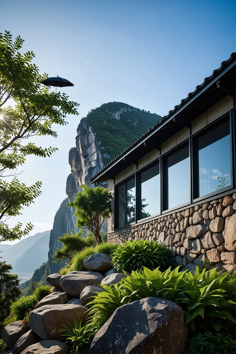 在两座巍峨的大山之间,一座黑色的木制建筑矗立在一块巨大的岩石上,映衬着壮丽的蓝天。建筑的屋顶是倾斜的,像一把张开的黑伞,又像一只飞翔的鸟。在建筑前面,有一块灰色的大岩石,上面生长着一些绿色的植物。在岩石上,可以看到一些影子。在建筑的右侧,有一排绿树,它们的枝叶茂密,像一排绿色的屏风。在屏风后面,你可以看到远处的山。在图片的下方,你还可以看到一些零散的岩石和草。 在两座巍峨的大山之间,一座黑色的木制建筑矗立在一块巨大的岩石上,映衬着壮丽的蓝天。建筑的屋顶是倾斜的,像一把张开的黑伞,又像一只飞翔的鸟。在建筑前面,有一块灰色的大岩石,上面生长着一些绿色的植物。在岩石上,可以看到一些影子。在建筑的右侧,有一排绿树,它们的枝叶茂密,像一排绿色的屏风。在屏风后面,你可以看到远处的山。在图片的下方,你还可以看到一些零散的岩石和草。