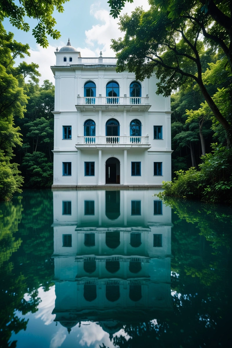 这是一座设计前卫的白色建筑,坐落在碧蓝的海水和郁郁葱葱的森林之间,从下面可以清晰地看到建筑的倒影,仿佛是海中的一座神秘宫殿。 这是一座设计前卫的白色建筑,坐落在碧蓝的海水和郁郁葱葱的森林之间,从下面可以清晰地看到建筑的倒影,仿佛是海中的一座神秘宫殿。