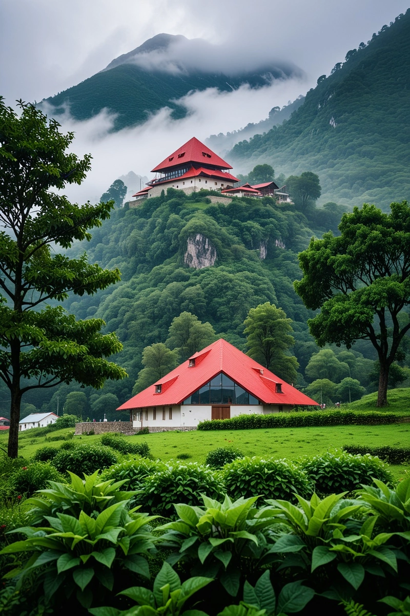在薄雾缭绕的山间,一座别致的建筑矗立在山脚下。建筑由红色三角形组成,屋顶覆盖着绿色植物。楼前有一块石头砌成的广场,广场上有几个人在雾中。远处的山被树木覆盖,给人一种神秘的感觉。 在薄雾缭绕的山间,一座别致的建筑矗立在山脚下。建筑由红色三角形组成,屋顶覆盖着绿色植物。楼前有一块石头砌成的广场,广场上有几个人在雾中。远处的山被树木覆盖,给人一种神秘的感觉。
