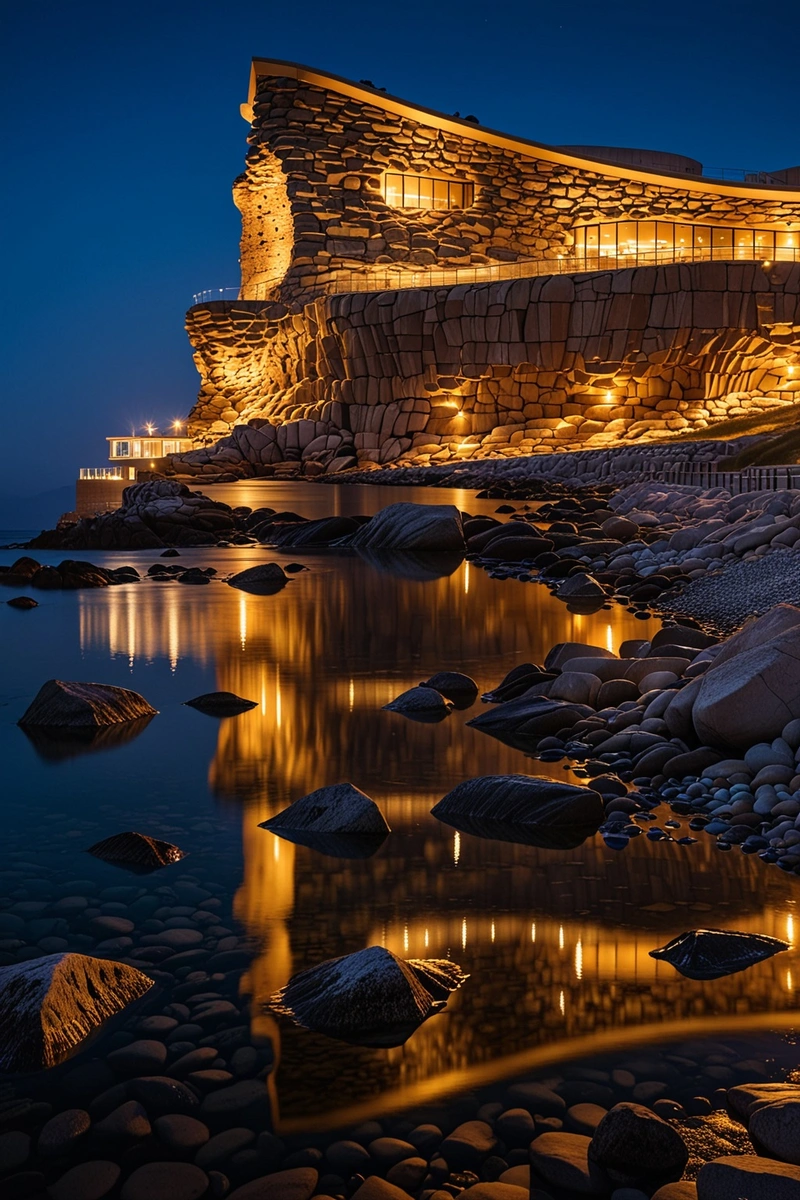 这座弯曲的建筑坐落在岩石海岸上，设计独特，看起来就像波涛汹涌的海浪。建筑的墙面采用镜面材料，反射出天空和大海的色彩，给人一种深邃而神秘的感觉。黄昏时分，灯光亮起，将建筑染成金色，与周围的自然完美融合，创造出壮观的滨水景观。