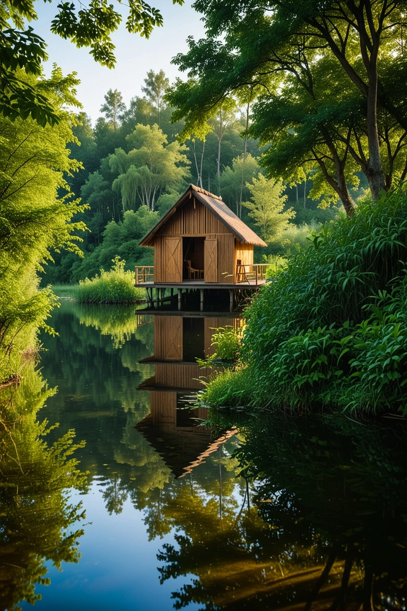 在湖的树林里，有一座用木头做成的三角形的小屋，它被树木和绿色的植被所包围，小屋形状独特，站在湖水中，反照形成一幅美丽的图画。