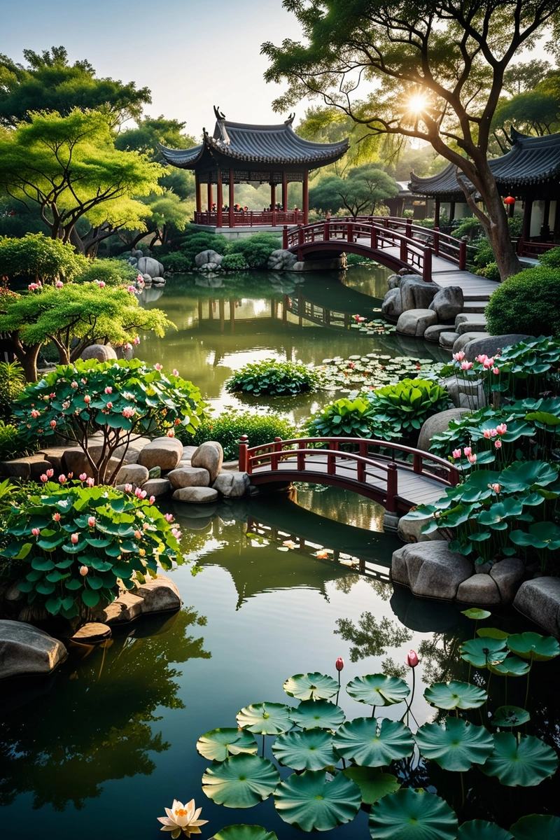 一个宁静的中国传统园林的形象,以荷塘为特色,背景是一座桥,还有一座中式建筑。花园里装饰着岩石、植物和灯笼,营造出一种宁静祥和的氛围。这个场景沐浴在温暖柔和的光线中,天空中有一丝蓝色。整体风格是自然和人造元素的和谐融合,强调平衡和对称。负空间的使用和元素的排列创造了一种深度和维度感,而柔和、温暖的颜色增加了平静的效果。荷花、池塘、桥、中式建筑、岩石、植物、灯笼、平衡、对称、负空间、排列、深度、维度、色彩、平静。 一个宁静的中国传统园林的形象,以荷塘为特色,背景是一座桥,还有一座中式建筑。花园里装饰着岩石、植物和灯笼,营造出一种宁静祥和的氛围。这个场景沐浴在温暖柔和的光线中,天空中有一丝蓝色。整体风格是自然和人造元素的和谐融合,强调平衡和对称。负空间的使用和元素的排列创造了一种深度和维度感,而柔和、温暖的颜色增加了平静的效果。荷花、池塘、桥、中式建筑、岩石、植物、灯笼、平衡、对称、负空间、排列、深度、维度、色彩、平静。