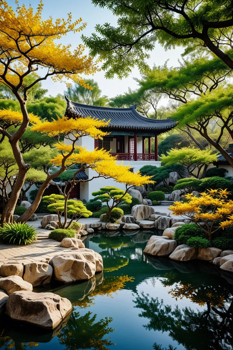 一座宁静的中国花园别墅坐落在池塘后面,蓝天之下。该建筑具有传统的中国建筑元素,如黑白屋顶和装饰窗。花园装饰着岩石、树木和灌木,营造出一种宁静而自然的氛围。池塘四周是大石头,花园中间有一棵长着黄叶的树。房屋和花园的整体风格与自然和谐相处,体现了中国与自然融为一体的理念。这幅图捕捉了中国传统园林的美,以及它们与自然环境的和谐融合。 一座宁静的中国花园别墅坐落在池塘后面,蓝天之下。该建筑具有传统的中国建筑元素,如黑白屋顶和装饰窗。花园装饰着岩石、树木和灌木,营造出一种宁静而自然的氛围。池塘四周是大石头,花园中间有一棵长着黄叶的树。房屋和花园的整体风格与自然和谐相处,体现了中国与自然融为一体的理念。这幅图捕捉了中国传统园林的美,以及它们与自然环境的和谐融合。