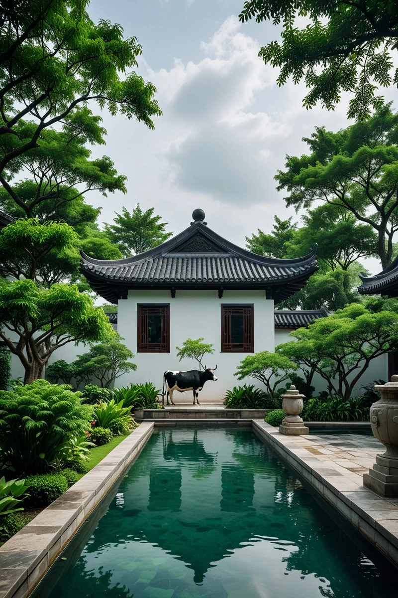一座高大的中式建筑,黑顶白墙,四周是郁郁葱葱的花园。前景是一个冒着热气的绿水池,旁边是一座石雕的牛。天空阴云密布,但花园保养得很好,很诱人。 一座高大的中式建筑,黑顶白墙,四周是郁郁葱葱的花园。前景是一个冒着热气的绿水池,旁边是一座石雕的牛。天空阴云密布,但花园保养得很好,很诱人。