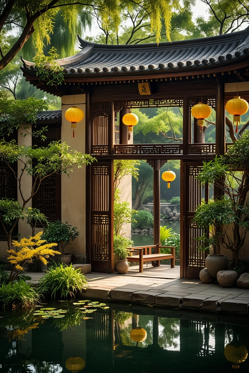 黑色屋顶和木制家具的中国传统建筑在玻璃窗上反映出来。房间里有黄色的灯笼和悬挂的中国灯笼。这个空间充满了绿色植物和木凳。这是一个宁静祥和的场景,前景是一个平静的池塘,一座石桥穿过池塘。建筑风格与周边环境营造出和谐宁静的氛围。 黑色屋顶和木制家具的中国传统建筑在玻璃窗上反映出来。房间里有黄色的灯笼和悬挂的中国灯笼。这个空间充满了绿色植物和木凳。这是一个宁静祥和的场景,前景是一个平静的池塘,一座石桥穿过池塘。建筑风格与周边环境营造出和谐宁静的氛围。