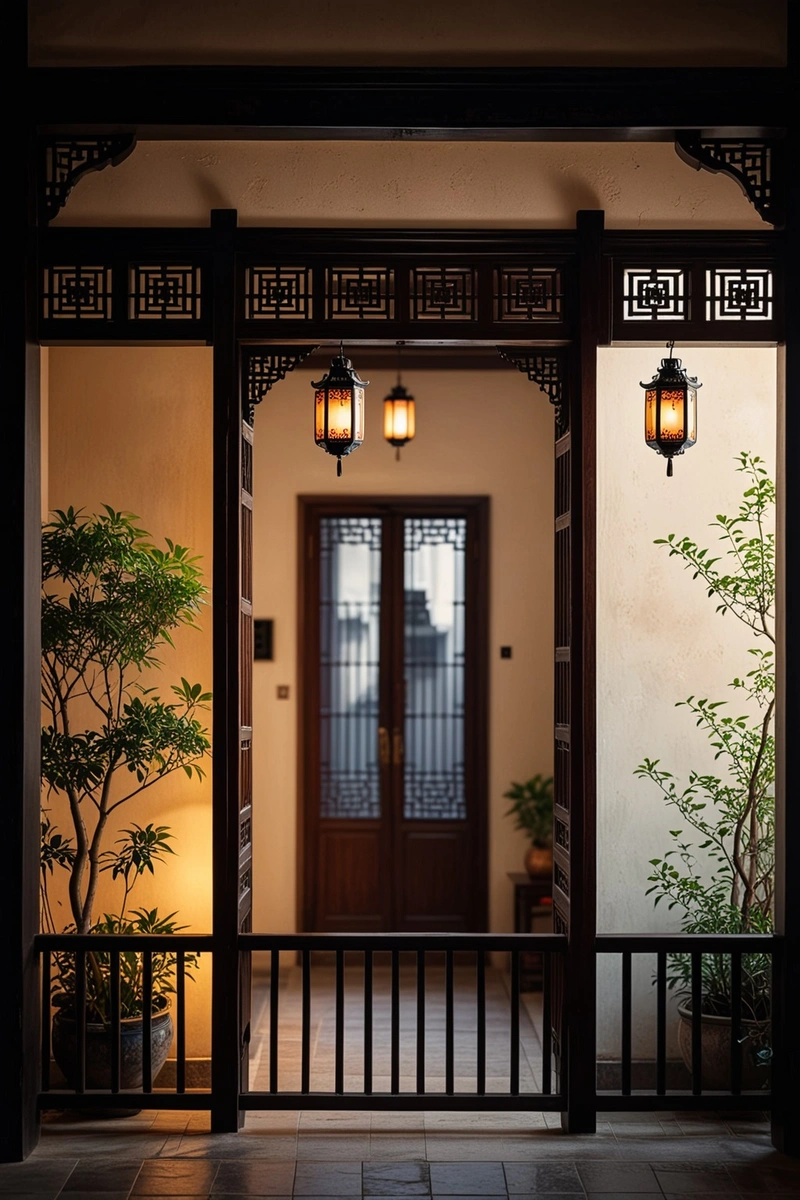 传统的中国门框勾勒出庭院的景色,院子里有黑色的栏杆,上面挂着一盏灯笼。 传统的中国门框勾勒出庭院的景色,院子里有黑色的栏杆,上面挂着一盏灯笼。