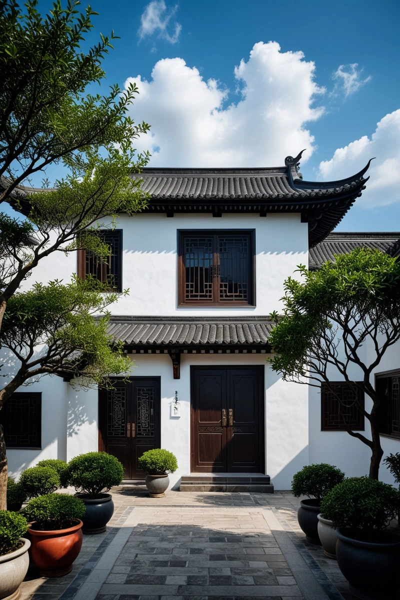 一个传统的中国四合院,黑白立面,以中国风格的屋顶和复杂的细节为特色。入口处有一个小花园,里面有一棵盆栽树和一些灌木。房子周围是一堵白色的墙,一座小桥通向入口。天空是蓝色的,有缕缕云,营造出一种宁静的气氛。整体风格是中国传统与现代元素的和谐融合。 一个传统的中国四合院,黑白立面,以中国风格的屋顶和复杂的细节为特色。入口处有一个小花园,里面有一棵盆栽树和一些灌木。房子周围是一堵白色的墙,一座小桥通向入口。天空是蓝色的,有缕缕云,营造出一种宁静的气氛。整体风格是中国传统与现代元素的和谐融合。