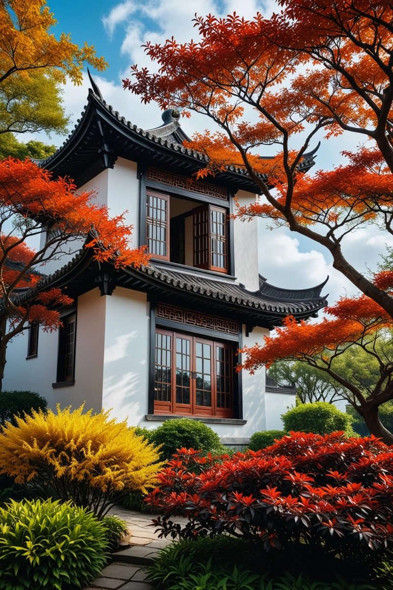 一个传统的中国风格的建筑,前面有一个美丽的花园,以黑白墙为特色,装饰屋顶边缘和窗户。建筑被树木和灌木环绕,营造出一种宁静祥和的氛围。天空是蓝色的,有缕缕的云,前景中的树叶变成了红色和橙色的阴影,预示着秋天的到来。 一个传统的中国风格的建筑,前面有一个美丽的花园,以黑白墙为特色,装饰屋顶边缘和窗户。建筑被树木和灌木环绕,营造出一种宁静祥和的氛围。天空是蓝色的,有缕缕的云,前景中的树叶变成了红色和橙色的阴影,预示着秋天的到来。