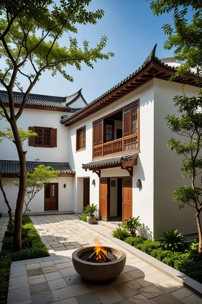 这幅图展示了一个宁静的庭院和一系列具有中国传统建筑元素的白色房屋。房屋采用木檐瓦顶设计,营造出质朴迷人的氛围。庭院被低矮的白墙隔开,在区域内种植了一些树木和植物,增添了一抹自然的气息。还有几条石凳和一个火坑,提供了一个舒适的放松空间。房屋和庭院的整体风格和谐,反映了中国传统的生活方式。这张照片是在白天拍摄的,天空晴朗,营造出明亮宜人的氛围。 这幅图展示了一个宁静的庭院和一系列具有中国传统建筑元素的白色房屋。房屋采用木檐瓦顶设计,营造出质朴迷人的氛围。庭院被低矮的白墙隔开,在区域内种植了一些树木和植物,增添了一抹自然的气息。还有几条石凳和一个火坑,提供了一个舒适的放松空间。房屋和庭院的整体风格和谐,反映了中国传统的生活方式。这张照片是在白天拍摄的,天空晴朗,营造出明亮宜人的氛围。