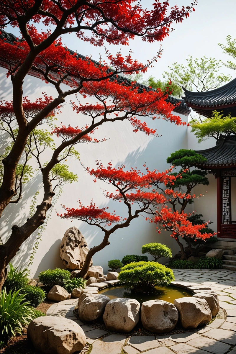一座中国古典园林,白色的墙壁上点缀着盛开的花朵。一棵红叶树矗立在前景,一块大石头被放置在花园的中央。天空晴朗明亮,把阳光洒在花园的每一个细节上。 一座中国古典园林,白色的墙壁上点缀着盛开的花朵。一棵红叶树矗立在前景,一块大石头被放置在花园的中央。天空晴朗明亮,把阳光洒在花园的每一个细节上。