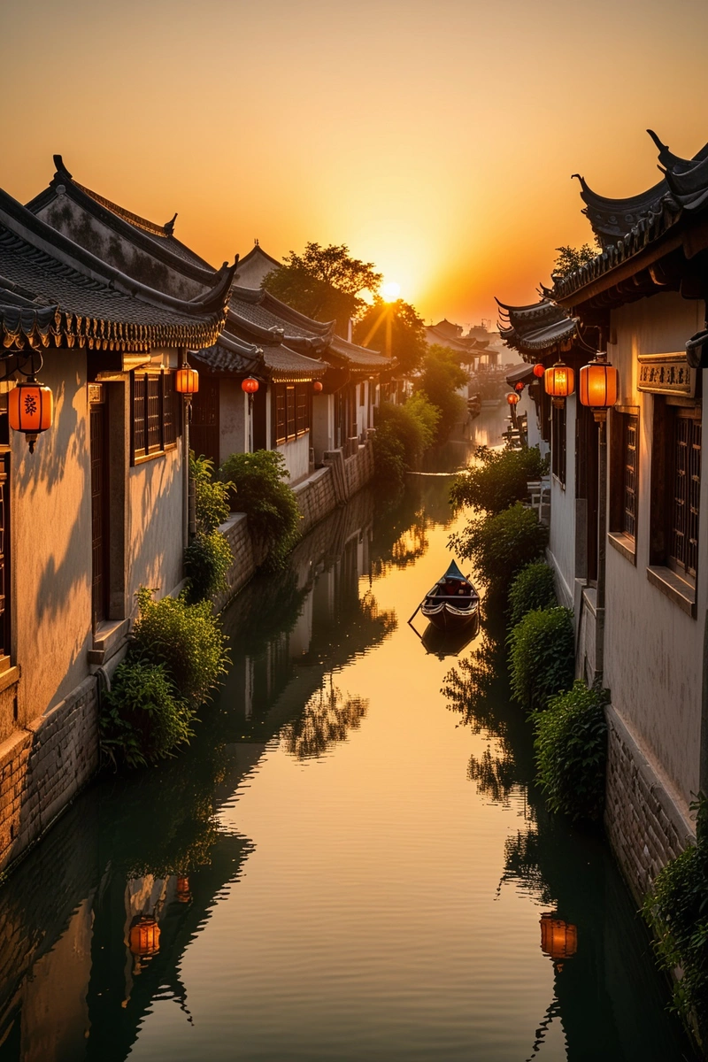 一条宁静的运河穿过一个传统的中国村庄,村庄周围是瓦屋顶的老建筑。太阳在背景中冉冉升起,在场景中投射出温暖的光芒。水面平静,反射着金色的光线和周围的建筑。村子里很安静,看不见人。气氛平和宁静。 一条宁静的运河穿过一个传统的中国村庄,村庄周围是瓦屋顶的老建筑。太阳在背景中冉冉升起,在场景中投射出温暖的光芒。水面平静,反射着金色的光线和周围的建筑。村子里很安静,看不见人。气氛平和宁静。