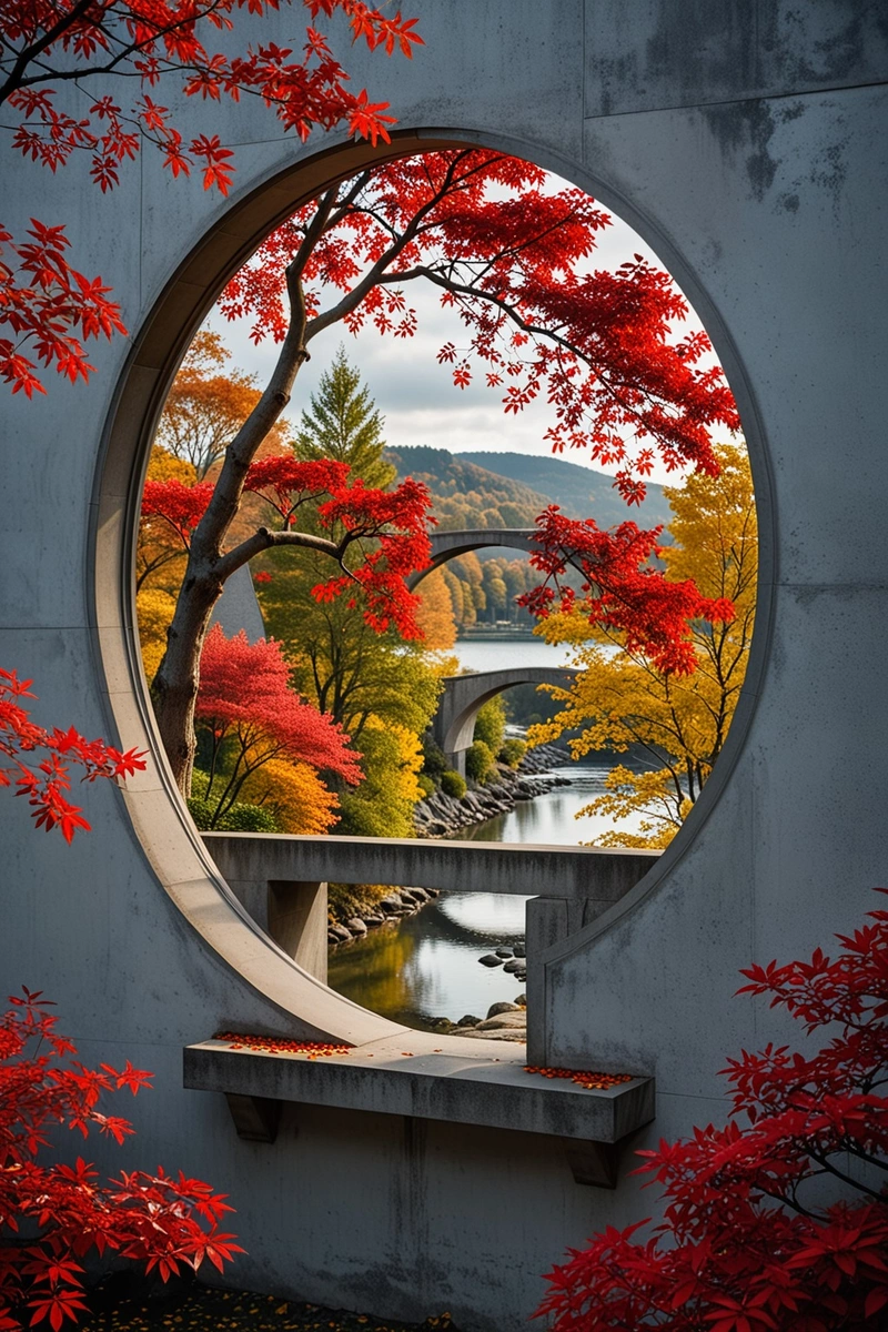 一扇圆形的窗户勾勒出一幅令人惊叹的秋景,展示了一棵色彩缤纷的红叶树。窗户位于灰色混凝土建筑中,与传统景观形成现代对比。风景还包括一座桥和一个瀑布,创造了一个和平和宁静的氛围。这幅画捕捉到了自然之美以及建筑与景观的和谐融合。 一扇圆形的窗户勾勒出一幅令人惊叹的秋景,展示了一棵色彩缤纷的红叶树。窗户位于灰色混凝土建筑中,与传统景观形成现代对比。风景还包括一座桥和一个瀑布,创造了一个和平和宁静的氛围。这幅画捕捉到了自然之美以及建筑与景观的和谐融合。