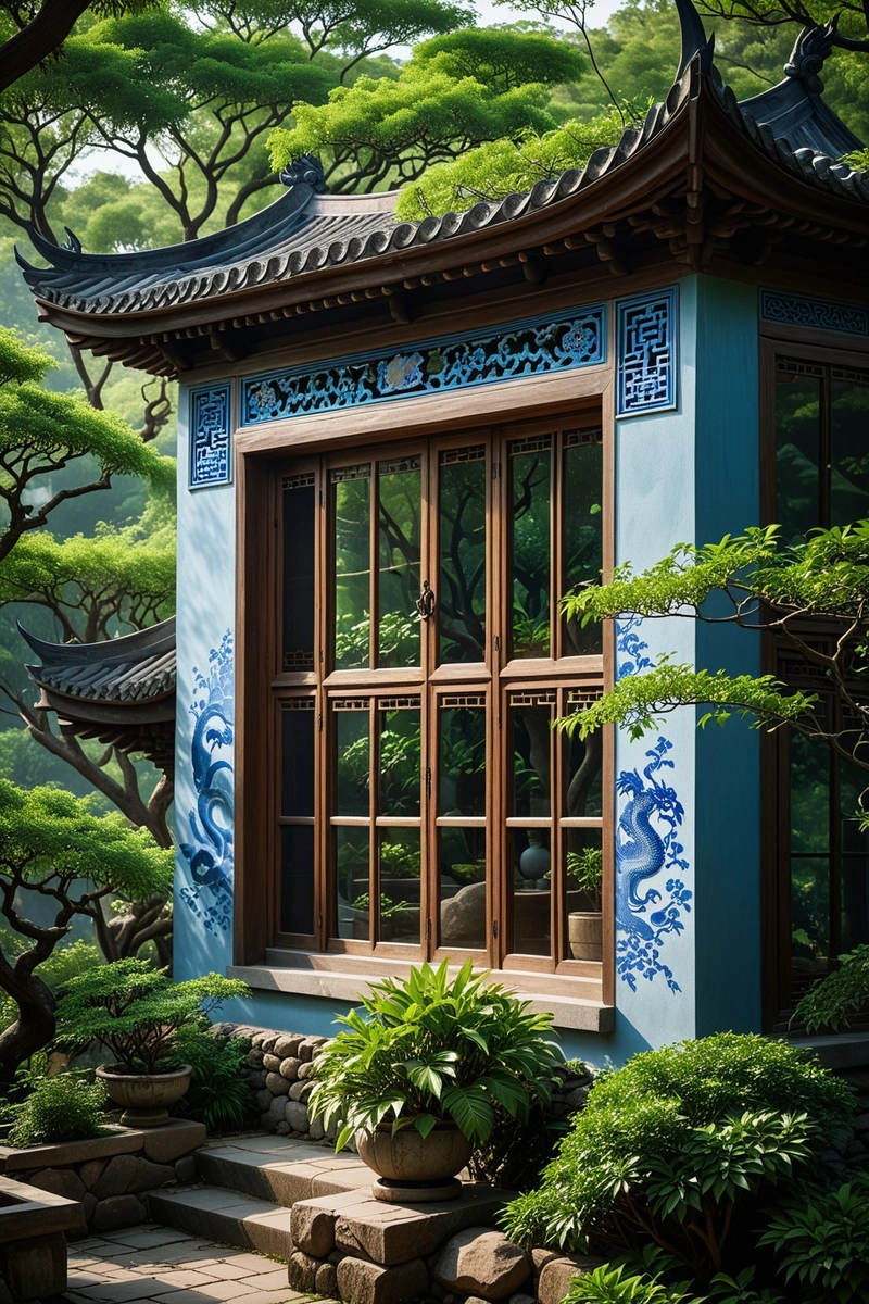 一个传统的中国建筑,蓝龙屋顶装饰,周围是郁郁葱葱的绿色植物和岩石花园。窗户上装饰着错综复杂的中国图案。画面宁静祥和,有一种平静凉爽的气氛。该建筑的风格是自然与建筑的和谐融合,展示了两者的美。这张照片是在光线下拍摄的,给场景一种温暖和诱人的感觉。 一个传统的中国建筑,蓝龙屋顶装饰,周围是郁郁葱葱的绿色植物和岩石花园。窗户上装饰着错综复杂的中国图案。画面宁静祥和,有一种平静凉爽的气氛。该建筑的风格是自然与建筑的和谐融合,展示了两者的美。这张照片是在光线下拍摄的,给场景一种温暖和诱人的感觉。