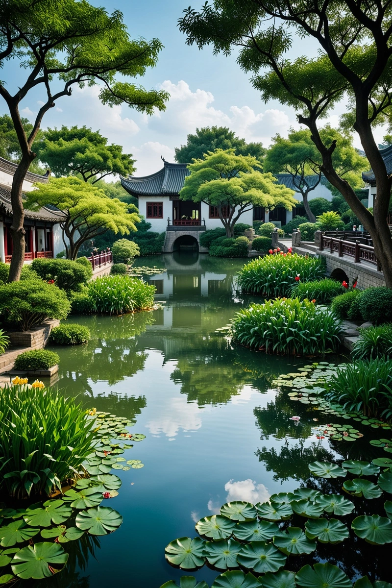 中国苏州的一个宁静的池塘,反映了中国传统建筑和周围花园郁郁葱葱的绿色植物。天空是鲜艳的蓝色,云是蓬松的和白色的。建筑由灰砖建造,屋顶为黑色瓦。池塘里点缀着睡莲叶和又高又尖的树。整体风格是中国古典园林的风格,注重平衡、和谐和宁静。建筑的构图是精心安排的,以池塘为中心元素,将视线引向远处的传统建筑和花园。颜色是柔和的绿色和蓝色,点缀着建筑和树木的黄色和红色。天气晴朗晴朗,是在花园里散步的好天气。 中国苏州的一个宁静的池塘,反映了中国传统建筑和周围花园郁郁葱葱的绿色植物。天空是鲜艳的蓝色,云是蓬松的和白色的。建筑由灰砖建造,屋顶为黑色瓦。池塘里点缀着睡莲叶和又高又尖的树。整体风格是中国古典园林的风格,注重平衡、和谐和宁静。建筑的构图是精心安排的,以池塘为中心元素,将视线引向远处的传统建筑和花园。颜色是柔和的绿色和蓝色,点缀着建筑和树木的黄色和红色。天气晴朗晴朗,是在花园里散步的好天气。