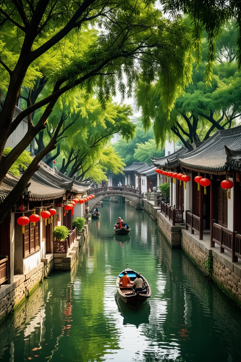 这幅图描绘了中国苏州一个宁静的运河景色,头顶上是郁郁葱葱的乔木。几艘船,其中一些载着游客,在树荫下顺着运河漂流而下。这条水路两旁是传统的中国建筑和市场摊位,让你一窥这座城市丰富的文化遗产。整个场景的风格是传统的中国风格,注重自然元素和周围环境的美。颜色是充满活力和泥土的,温暖的色调来自阳光透过树叶过滤。天气晴朗宜人,没有下雨或暴风雨的迹象。这一形象完美地体现了中国水乡的魅力。 这幅图描绘了中国苏州一个宁静的运河景色,头顶上是郁郁葱葱的乔木。几艘船,其中一些载着游客,在树荫下顺着运河漂流而下。这条水路两旁是传统的中国建筑和市场摊位,让你一窥这座城市丰富的文化遗产。整个场景的风格是传统的中国风格,注重自然元素和周围环境的美。颜色是充满活力和泥土的,温暖的色调来自阳光透过树叶过滤。天气晴朗宜人,没有下雨或暴风雨的迹象。这一形象完美地体现了中国水乡的魅力。