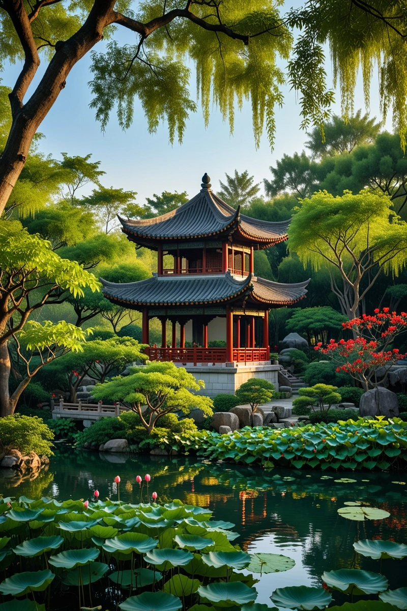一个宁静的中国花园,一个传统的亭子坐落在树林中,前景是荷叶。这个花园具有经典的中国风格,有宝塔屋顶、圆窗和红柱子等元素。天空是晴朗的,蓝色的,投下一种温暖的光芒。整体构图平衡和谐,营造出平和宁静的氛围。 一个宁静的中国花园,一个传统的亭子坐落在树林中,前景是荷叶。这个花园具有经典的中国风格,有宝塔屋顶、圆窗和红柱子等元素。天空是晴朗的,蓝色的,投下一种温暖的光芒。整体构图平衡和谐,营造出平和宁静的氛围。