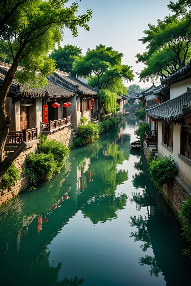 一条宁静的运河穿过一个村庄,村庄两旁是古老的传统房屋。水面是一片宁静的绿色,映衬着周围的树木。几个人沿着运河散步,享受着宁静的气氛。这些房子都装饰着汉字,为现场增添了历史和文化的感觉。整体风格是中国传统水乡的风格,建筑独特,环境宁静。天空晴朗,天气似乎是晴朗的。这幅画是中国乡村生活的美丽再现。 一条宁静的运河穿过一个村庄,村庄两旁是古老的传统房屋。水面是一片宁静的绿色,映衬着周围的树木。几个人沿着运河散步,享受着宁静的气氛。这些房子都装饰着汉字,为现场增添了历史和文化的感觉。整体风格是中国传统水乡的风格,建筑独特,环境宁静。天空晴朗,天气似乎是晴朗的。这幅画是中国乡村生活的美丽再现。