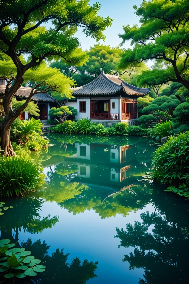 一座宁静的花园别墅映在宁静的池塘中,周围是传统的中国建筑和郁郁葱葱的绿色植物。天空是清澈的蓝色,气氛是和平和宁静的。 一座宁静的花园别墅映在宁静的池塘中,周围是传统的中国建筑和郁郁葱葱的绿色植物。天空是清澈的蓝色,气氛是和平和宁静的。