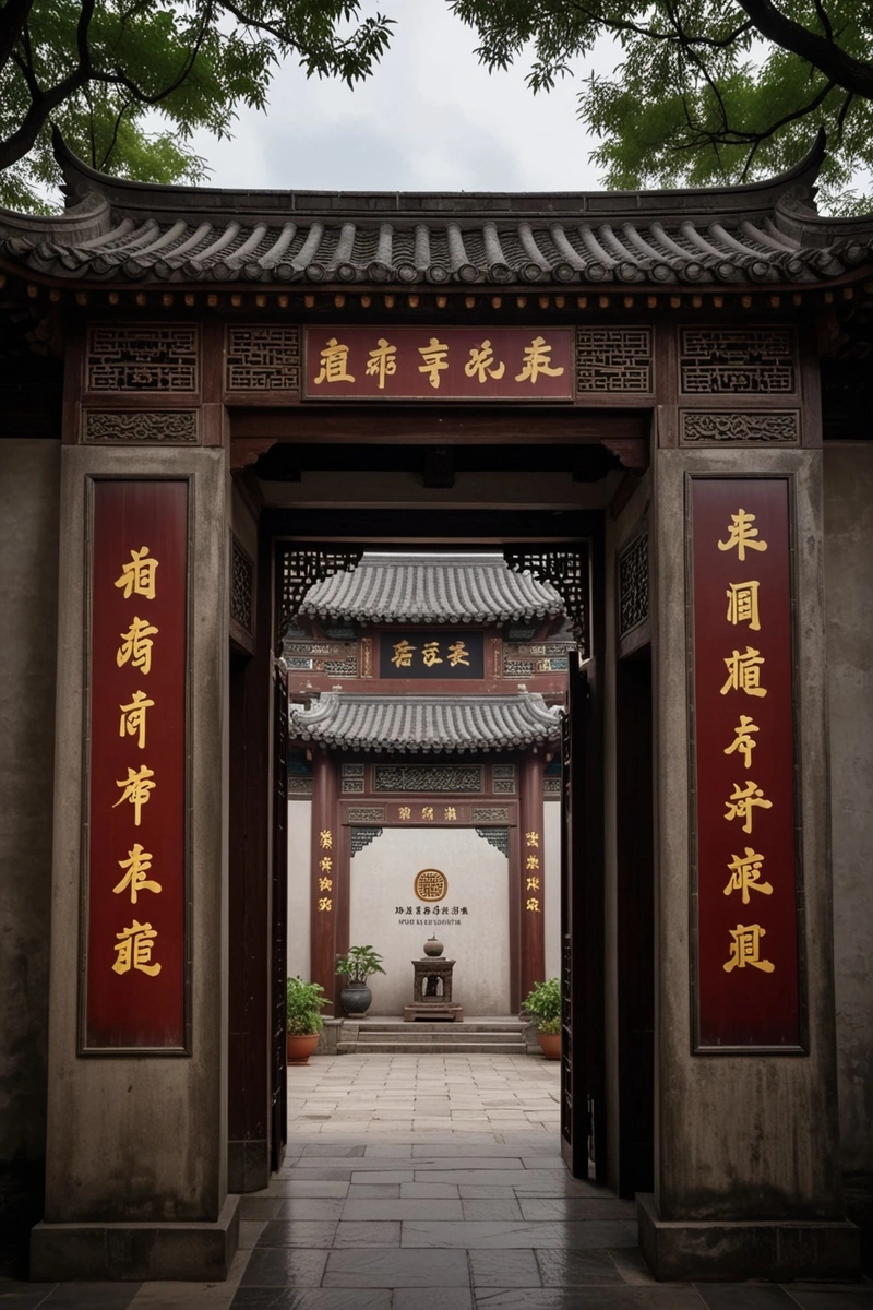 一个拱门通向一座传统的中国建筑,上面写着“菩萨之路”。墙壁是灰色的,带有装饰屏风,屋顶是棕色的。天空灰蒙蒙的,阴沉沉的。 一个拱门通向一座传统的中国建筑,上面写着“菩萨之路”。墙壁是灰色的,带有装饰屏风,屋顶是棕色的。天空灰蒙蒙的,阴沉沉的。