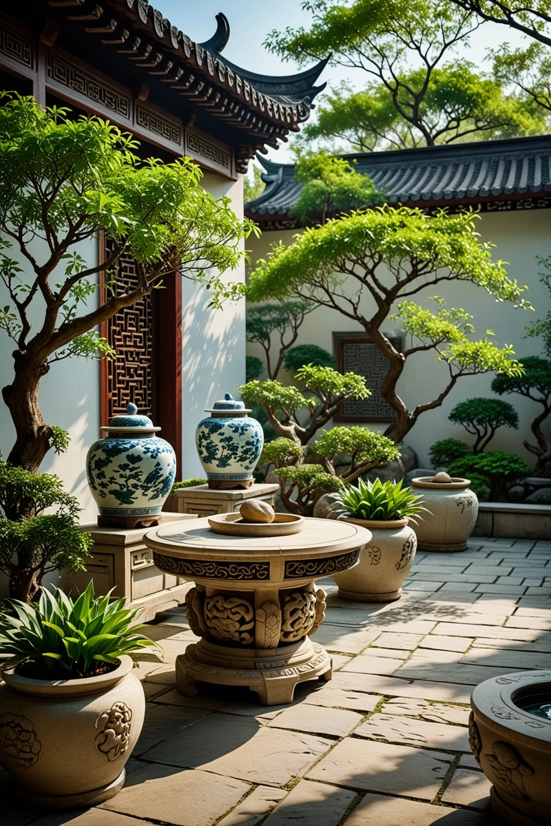 一个美丽的中国花园,有一张石桌和花瓶,周围是大石头、盆栽和树木。墙壁上装饰着传统的中国雕刻,整体风格是自然与建筑的和谐融合。天气似乎是阳光明媚,宜人的,因为绿色是充满活力的,天空是蓝色的。 一个美丽的中国花园,有一张石桌和花瓶,周围是大石头、盆栽和树木。墙壁上装饰着传统的中国雕刻,整体风格是自然与建筑的和谐融合。天气似乎是阳光明媚,宜人的,因为绿色是充满活力的,天空是蓝色的。