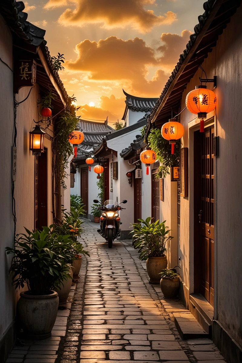 中国小镇的一条小巷,两旁是白色的房子,点缀着盆栽。太阳在背景中落下,在现场投下温暖的光芒。一辆摩托车停在小巷的中间,可以看到一个人沿着小路往前走。街道是用石头铺成的,建筑物上装饰着灯笼。整体风格是传统的中国风格,胡同尽头有一个牌坊牌匾。图片的右边是一扇门,天空是橙色和灰色的混合云。 中国小镇的一条小巷,两旁是白色的房子,点缀着盆栽。太阳在背景中落下,在现场投下温暖的光芒。一辆摩托车停在小巷的中间,可以看到一个人沿着小路往前走。街道是用石头铺成的,建筑物上装饰着灯笼。整体风格是传统的中国风格,胡同尽头有一个牌坊牌匾。图片的右边是一扇门,天空是橙色和灰色的混合云。