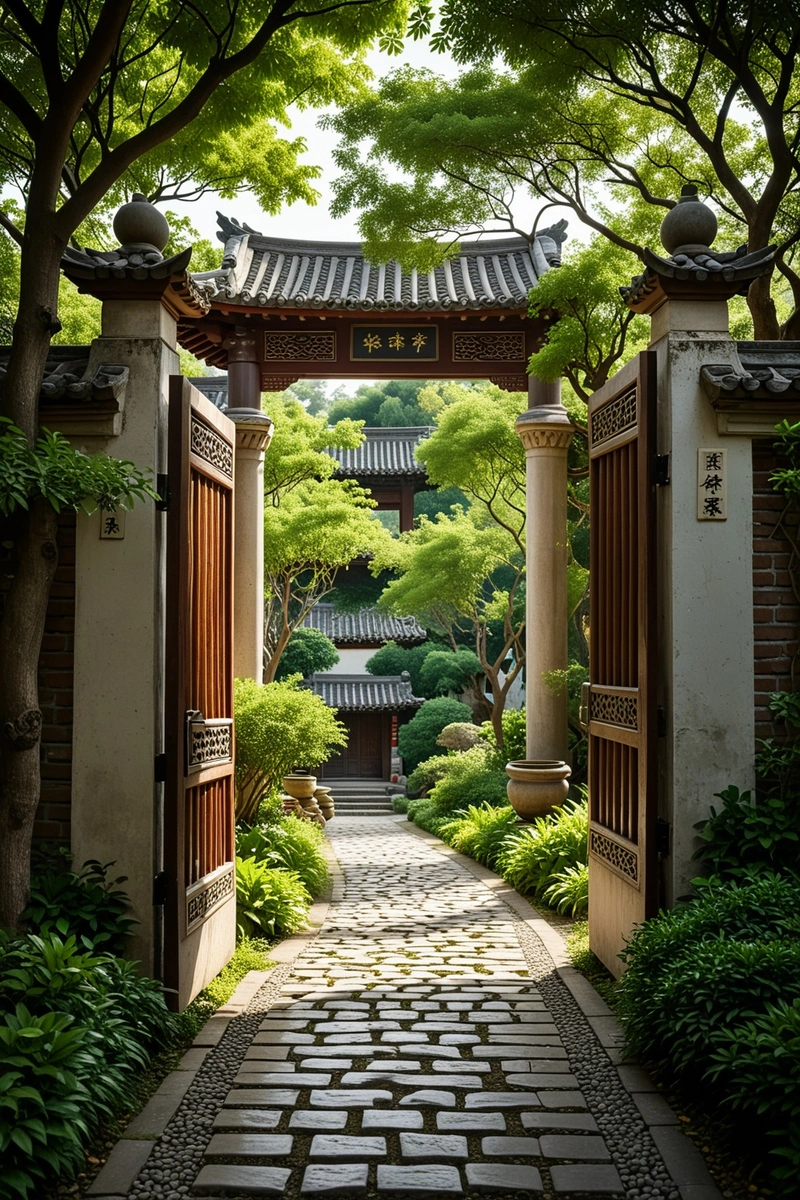 一座中国传统建筑中敞开的大门,周围是郁郁葱葱的绿色植物和鹅卵石铺成的小路。这里的景色宁静祥和,大门被树木环绕,上面是瓦片屋顶。入口是一个探索美丽花园的邀请。 一座中国传统建筑中敞开的大门,周围是郁郁葱葱的绿色植物和鹅卵石铺成的小路。这里的景色宁静祥和,大门被树木环绕,上面是瓦片屋顶。入口是一个探索美丽花园的邀请。
