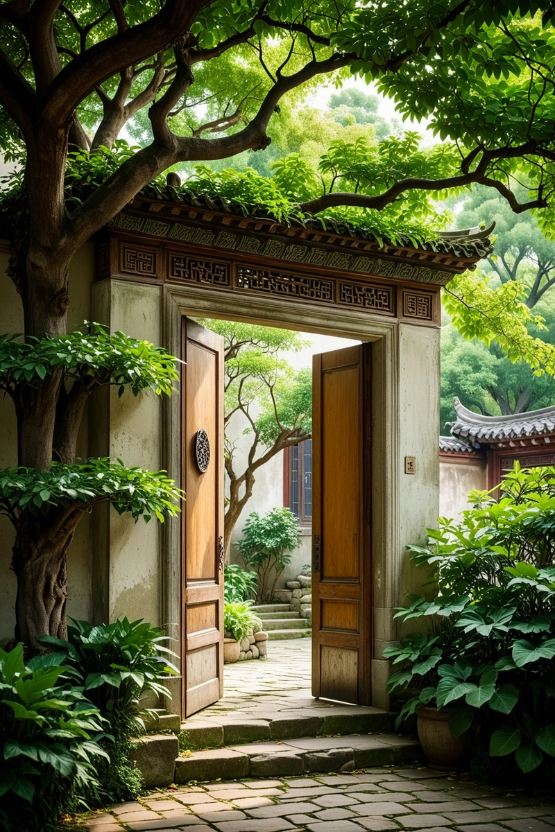 一座古老的中国建筑中饱经风霜的门廊,周围是一棵枝繁叶茂的大树。门口的两侧是一个郁郁葱葱的花园,有一条石砌的走道。这景色散发出一种宁静和永恒的感觉。 一座古老的中国建筑中饱经风霜的门廊,周围是一棵枝繁叶茂的大树。门口的两侧是一个郁郁葱葱的花园,有一条石砌的走道。这景色散发出一种宁静和永恒的感觉。