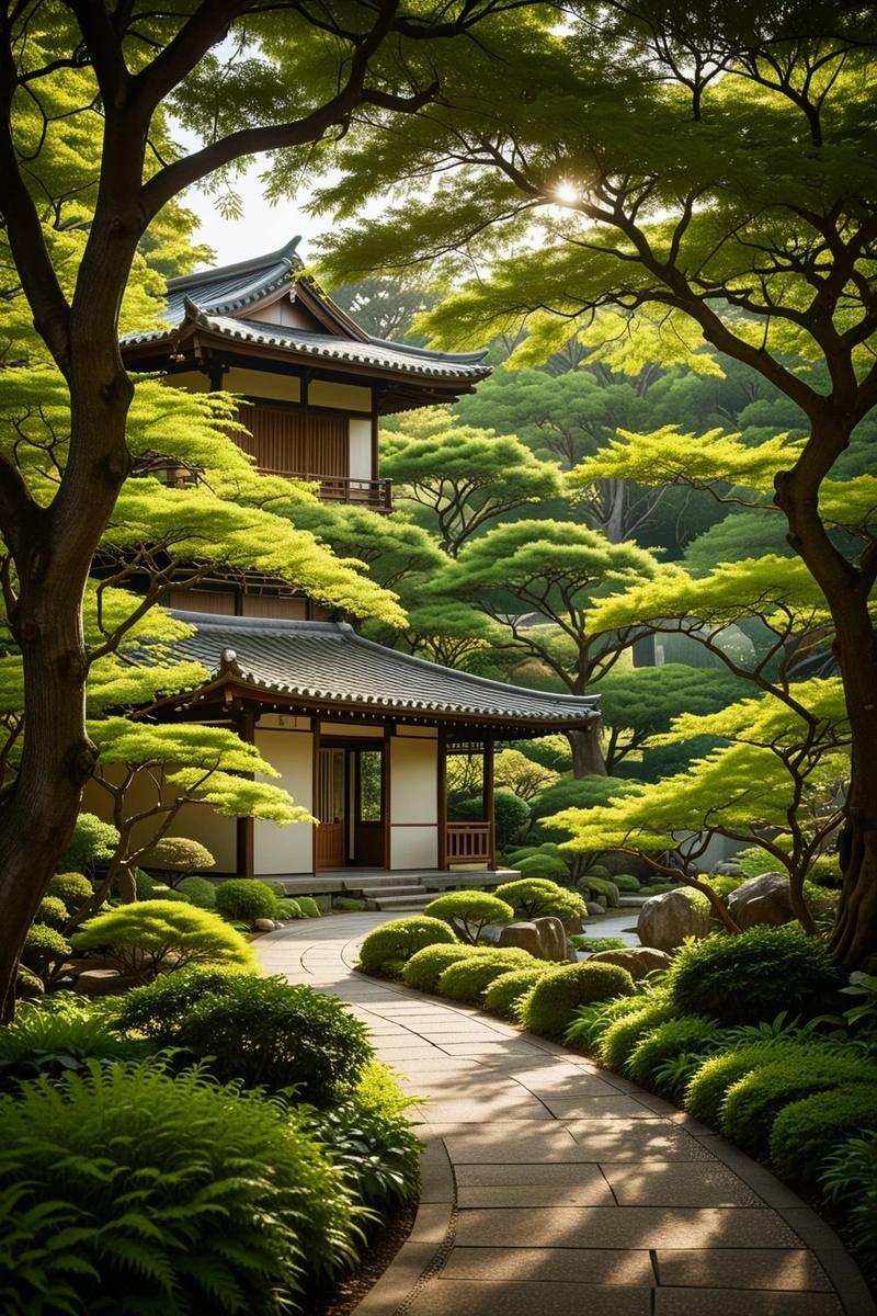 一个宁静的日本花园,一个传统的日本房子,由郁郁葱葱的绿树和有盖的走道构成。这张照片捕捉到了自然之美和房子的建筑细节。光影的运用,加上绿色和棕色的对比色,营造出和谐宁静的氛围。构图是平衡的,房子和树木相互衬托,吸引着观众的目光。从生机勃勃的绿色和树木投下的阴影来看,天气似乎是晴朗而温暖的。 一个宁静的日本花园,一个传统的日本房子,由郁郁葱葱的绿树和有盖的走道构成。这张照片捕捉到了自然之美和房子的建筑细节。光影的运用,加上绿色和棕色的对比色,营造出和谐宁静的氛围。构图是平衡的,房子和树木相互衬托,吸引着观众的目光。从生机勃勃的绿色和树木投下的阴影来看,天气似乎是晴朗而温暖的。