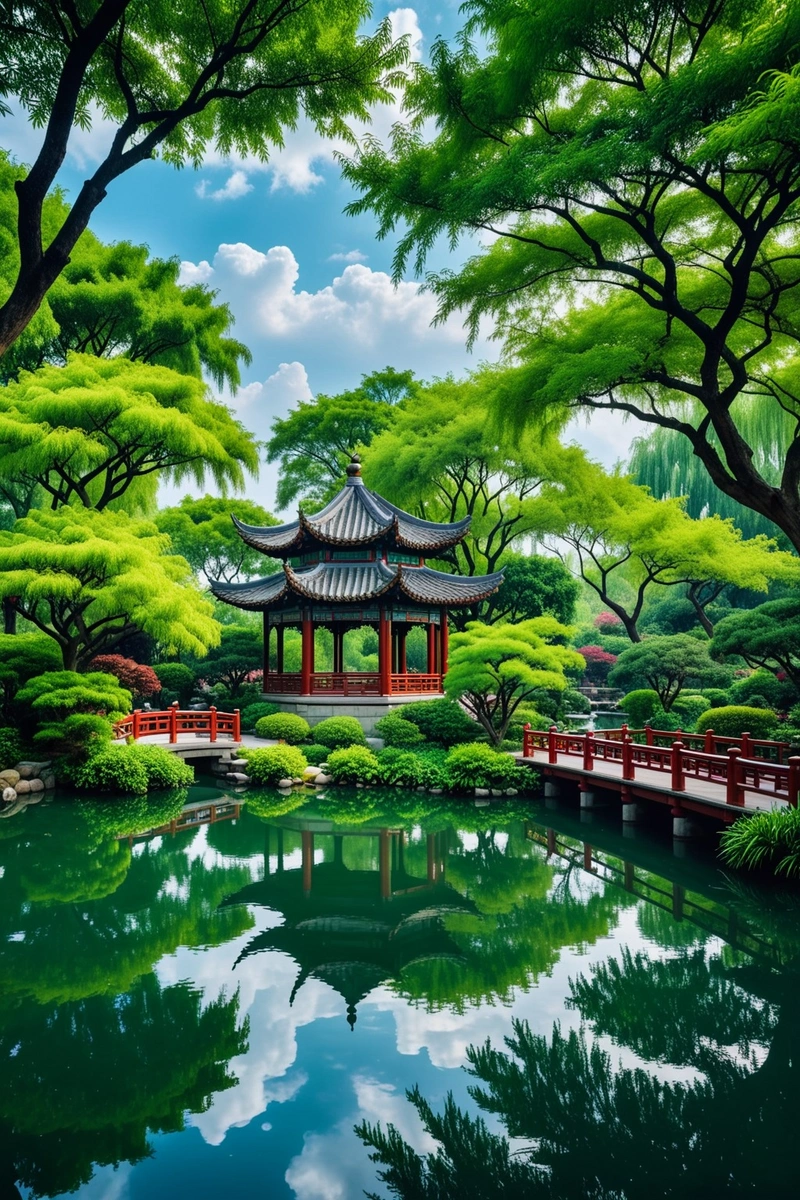 在郁郁葱葱的花园里,一个中国亭子矗立在池塘边。天空乌云密布。这是一片宁静祥和的景象。 在郁郁葱葱的花园里,一个中国亭子矗立在池塘边。天空乌云密布。这是一片宁静祥和的景象。