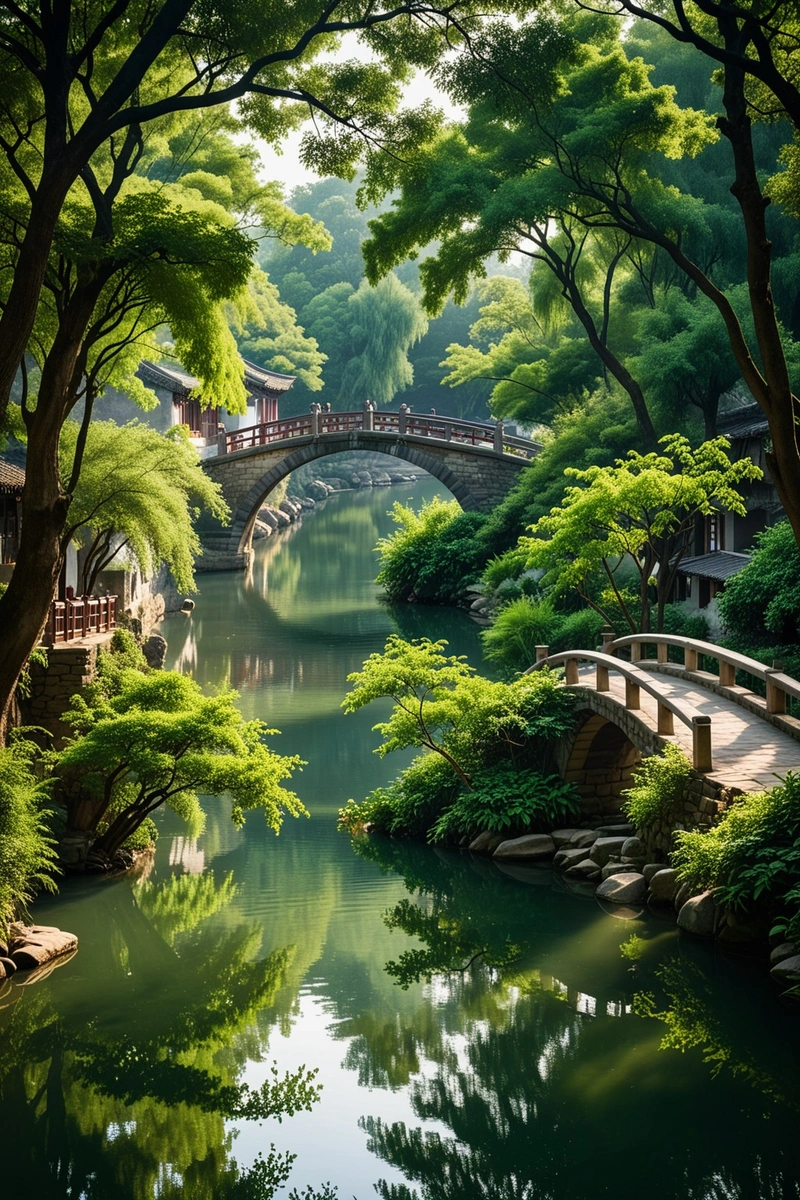 一条宁静的河流蜿蜒穿过郁郁葱葱的绿色森林,反射着周围的树木和树叶。一座石拱桥横跨河的宽度,连接着森林的两边。在对岸,一个传统的中国村庄坐落在树林中,可以看到一座白墙的建筑和一座有顶棚的桥。随着河流的轻柔流动和树叶间的柔和光线,整个场景散发出一种宁静祥和的氛围。这个形象是中国传统建筑和景观设计的完美体现。 一条宁静的河流蜿蜒穿过郁郁葱葱的绿色森林,反射着周围的树木和树叶。一座石拱桥横跨河的宽度,连接着森林的两边。在对岸,一个传统的中国村庄坐落在树林中,可以看到一座白墙的建筑和一座有顶棚的桥。随着河流的轻柔流动和树叶间的柔和光线,整个场景散发出一种宁静祥和的氛围。这个形象是中国传统建筑和景观设计的完美体现。