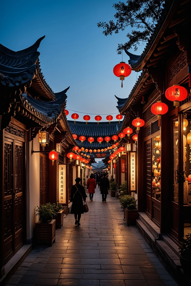 这张照片展示了中国的一个老城区街道,融合了中国传统和现代的建筑风格。街上挂满了灯笼,充满了东方的魅力。这些建筑都用汉字装饰,进一步突出了文化氛围。街上熙熙攘攘,人们走来走去,有些人拿着手提包。场景设定在黄昏,灯光亮起,营造出温暖舒适的氛围。天空是宁静的蓝色,看不见云。这幅画的整体气氛是一种和平与安宁,人们过着自己的日常生活。这个形象是中国文化和传统的美丽代表。 这张照片展示了中国的一个老城区街道,融合了中国传统和现代的建筑风格。街上挂满了灯笼,充满了东方的魅力。这些建筑都用汉字装饰,进一步突出了文化氛围。街上熙熙攘攘,人们走来走去,有些人拿着手提包。场景设定在黄昏,灯光亮起,营造出温暖舒适的氛围。天空是宁静的蓝色,看不见云。这幅画的整体气氛是一种和平与安宁,人们过着自己的日常生活。这个形象是中国文化和传统的美丽代表。