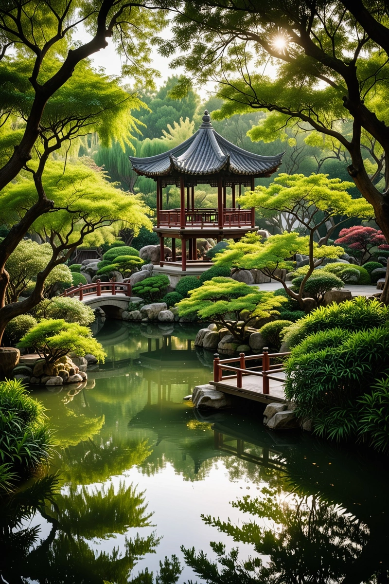 一个宁静的中国花园,有一个传统的亭子和一个绿树成荫的池塘。亭子坐落在一座小桥上,周围环绕着宁静的环境。花园散发着和平与宁静的感觉,建筑、景观和自然元素和谐地融合在一起。光影的运用,加上池塘的柔和焦点,增加了图像的整体美感。 一个宁静的中国花园,有一个传统的亭子和一个绿树成荫的池塘。亭子坐落在一座小桥上,周围环绕着宁静的环境。花园散发着和平与宁静的感觉,建筑、景观和自然元素和谐地融合在一起。光影的运用,加上池塘的柔和焦点,增加了图像的整体美感。
