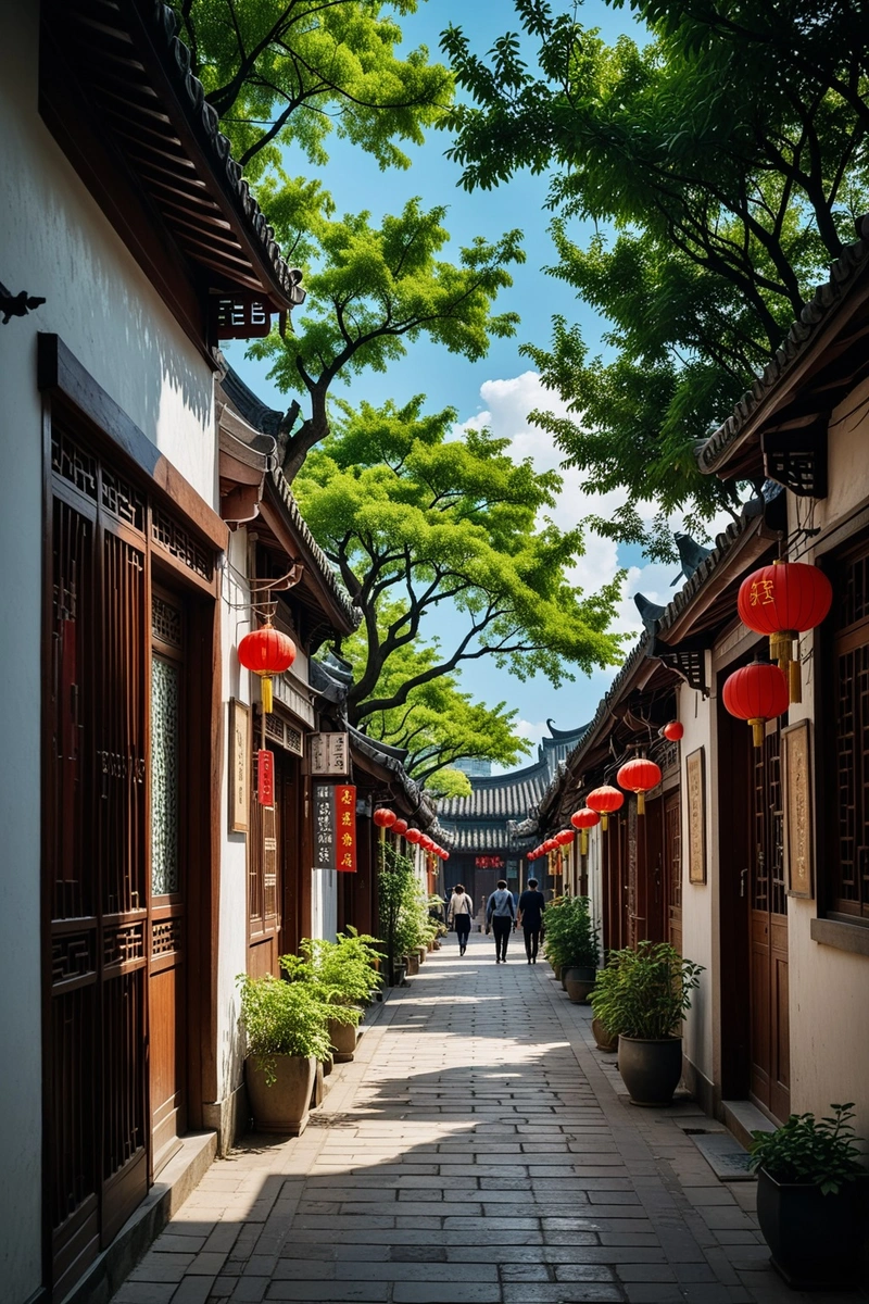 中国城市里一条古雅迷人的小巷,一边是传统的中国建筑,另一边是现代的玻璃建筑。可以看到人们在人行道上散步,交谈或查看手机。天空是蓝色的,有蓬松的白云,营造出一种愉快的气氛。一棵大树在小巷中间提供阴凉,而一个彩色的标志吸引了人们的眼球。建筑的整体风格是新旧相融,中国传统元素与现代建筑设计相融合。这条街很干净,维护得很好,有一个标志表明这是一个禁止乱扔垃圾的区域。 中国城市里一条古雅迷人的小巷,一边是传统的中国建筑,另一边是现代的玻璃建筑。可以看到人们在人行道上散步,交谈或查看手机。天空是蓝色的,有蓬松的白云,营造出一种愉快的气氛。一棵大树在小巷中间提供阴凉,而一个彩色的标志吸引了人们的眼球。建筑的整体风格是新旧相融,中国传统元素与现代建筑设计相融合。这条街很干净,维护得很好,有一个标志表明这是一个禁止乱扔垃圾的区域。