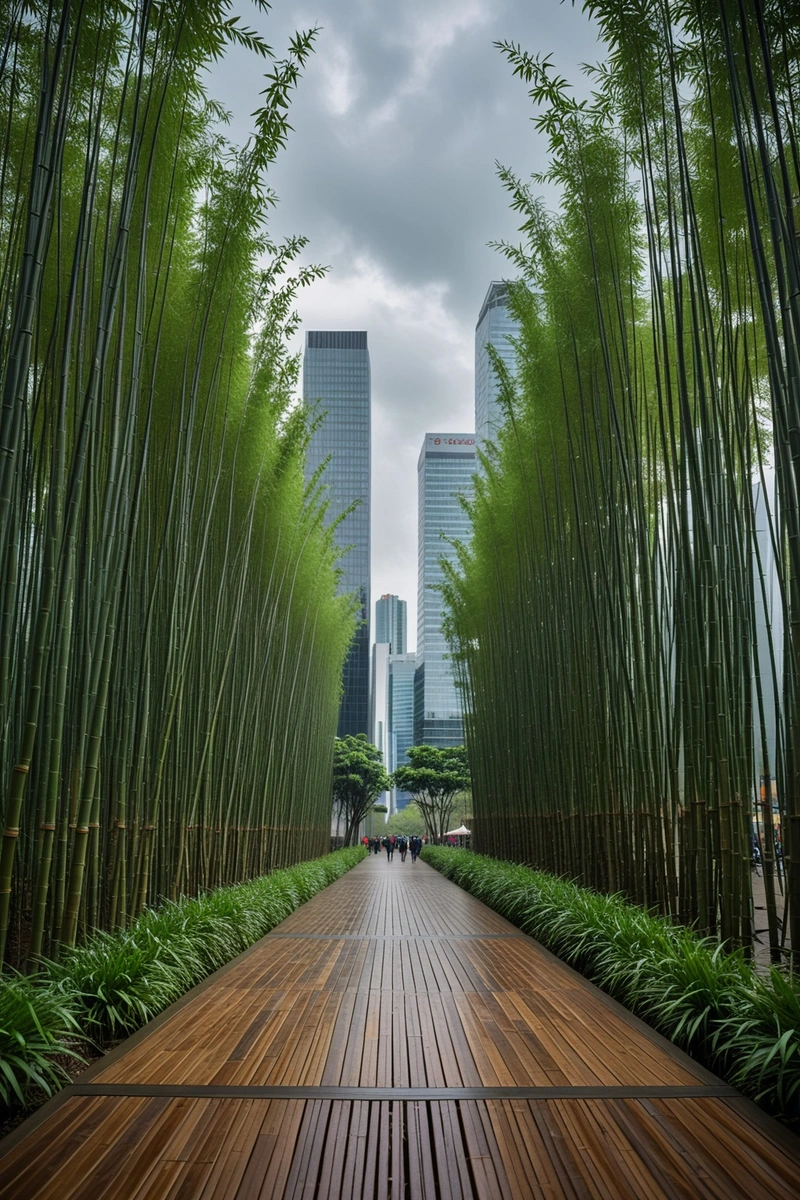 竹林构成了城市广场上的人行道。天空阴沉沉的，给现场蒙上了一种忧郁的气氛。竹子紧密地编织在一起，形成了一个密集的屏风。背景中，一座现代摩天大楼若隐若现。这景色与自然和城市建筑形成了鲜明的对比。