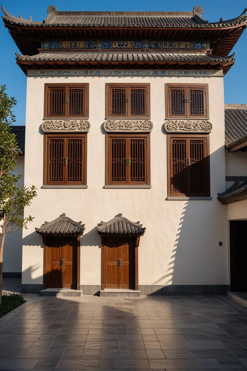 这幅图展示了一座两层楼的建筑,立面为白色和棕色,具有中国传统元素。这栋建筑有一扇大玻璃门,一楼有两扇窗户,上面都覆盖着木制百叶窗。百叶窗被涂成渐变的棕色色调,从顶部的浅色到底部的深色。这座建筑还有一个灰色的屋顶,屋顶上有中国式的人物装饰。墙是用灰砖砌成的,门窗是用玻璃做的。建筑坐落在一个石头铺成的院子里,一条石头小路穿过院子。建筑物上方的天空是白色和明亮的,表明一个晴天。 这幅图展示了一座两层楼的建筑,立面为白色和棕色,具有中国传统元素。这栋建筑有一扇大玻璃门,一楼有两扇窗户,上面都覆盖着木制百叶窗。百叶窗被涂成渐变的棕色色调,从顶部的浅色到底部的深色。这座建筑还有一个灰色的屋顶,屋顶上有中国式的人物装饰。墙是用灰砖砌成的,门窗是用玻璃做的。建筑坐落在一个石头铺成的院子里,一条石头小路穿过院子。建筑物上方的天空是白色和明亮的,表明一个晴天。