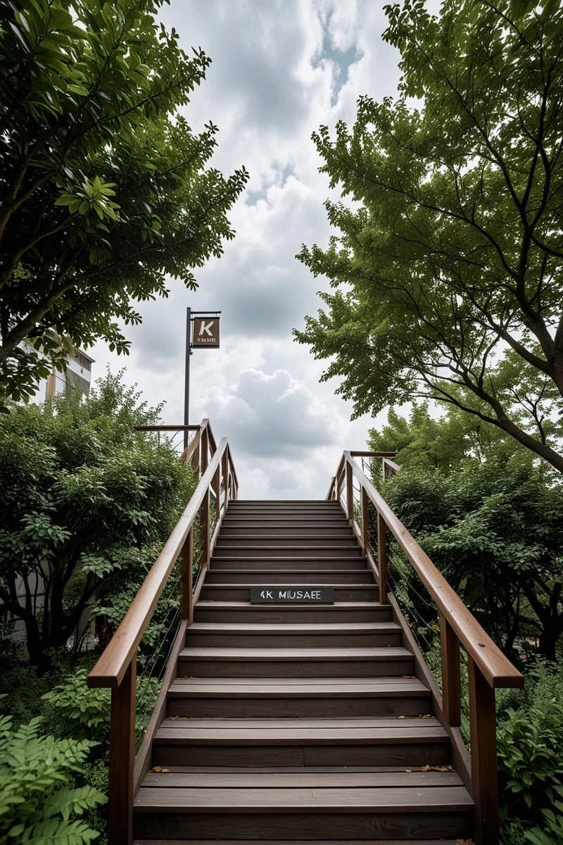 一段带有木扶手和灰色台阶的室外楼梯，通往一幢带棕色阳台的建筑。楼梯被树木环绕，左边有K11 MUSEA的标志。天空被云覆盖着。