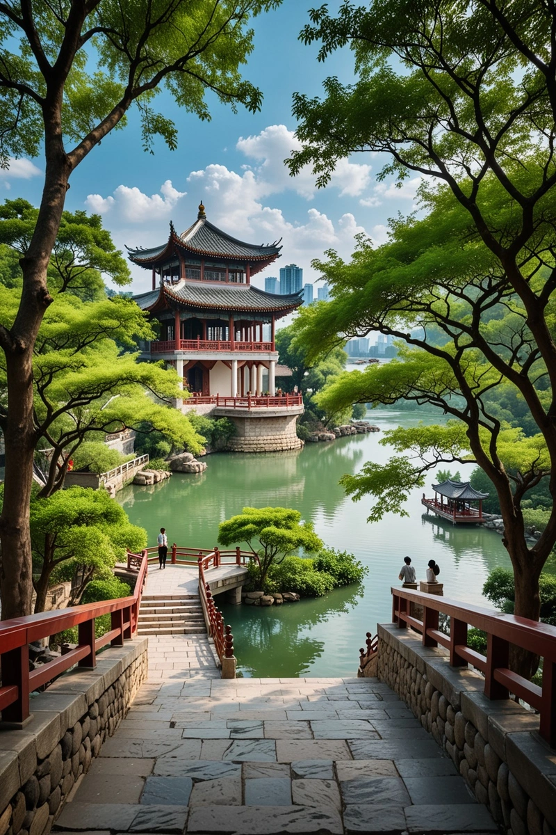 这是一条河流的美景,背景是一座传统的中国亭子,周围是石阶和木栏杆。人们正在欣赏风景并拍照。天空是蓝色的,有白云。整体风格是传统的中国风格,带有自然和宁静的元素。色调主要是绿色和棕色,还有一点来自展馆屋顶的红色。这张照片拍摄于中国。 这是一条河流的美景,背景是一座传统的中国亭子,周围是石阶和木栏杆。人们正在欣赏风景并拍照。天空是蓝色的,有白云。整体风格是传统的中国风格,带有自然和宁静的元素。色调主要是绿色和棕色,还有一点来自展馆屋顶的红色。这张照片拍摄于中国。