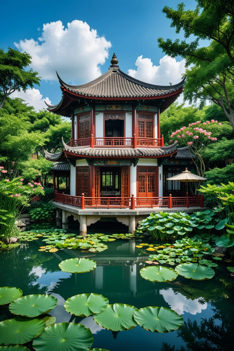 一个传统的中国茶馆坐落在一个郁郁葱葱的花园的池塘边。该建筑融合了中国传统和现代建筑元素,有大窗户和带顶棚的阳台。周围的环境宁静祥和,荷花沿着池塘的边缘生长。天空是蓝色的,有蓬松的白云,营造出一种愉快的气氛。传统的,茶楼,池塘,荷花,建筑,混合风格,宁静,宁静,蓝天,蓬松的云。 一个传统的中国茶馆坐落在一个郁郁葱葱的花园的池塘边。该建筑融合了中国传统和现代建筑元素,有大窗户和带顶棚的阳台。周围的环境宁静祥和,荷花沿着池塘的边缘生长。天空是蓝色的,有蓬松的白云,营造出一种愉快的气氛。传统的,茶楼,池塘,荷花,建筑,混合风格,宁静,宁静,蓝天,蓬松的云。