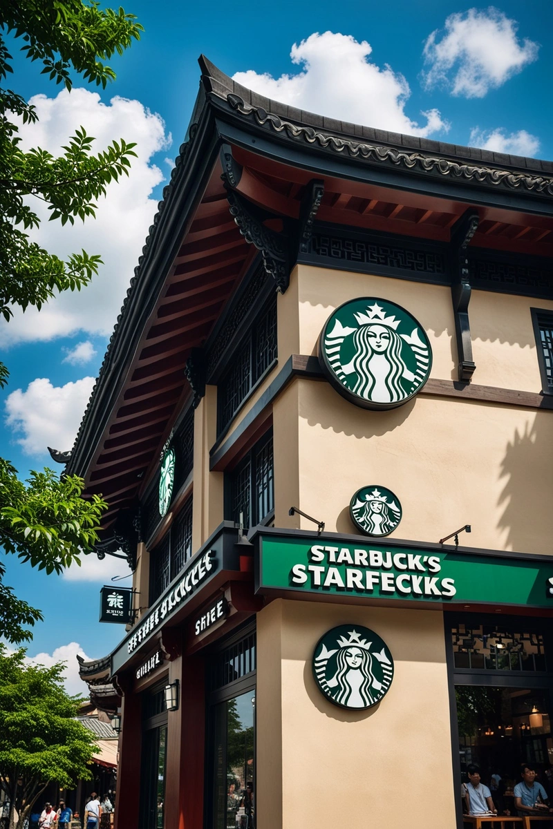星巴克店具有传统的中国建筑风格,坐落在一条历史悠久的街道上。商店四周绿树成荫,蓝天白云环绕。这家商店的招牌是中英文的。 星巴克店具有传统的中国建筑风格,坐落在一条历史悠久的街道上。商店四周绿树成荫,蓝天白云环绕。这家商店的招牌是中英文的。