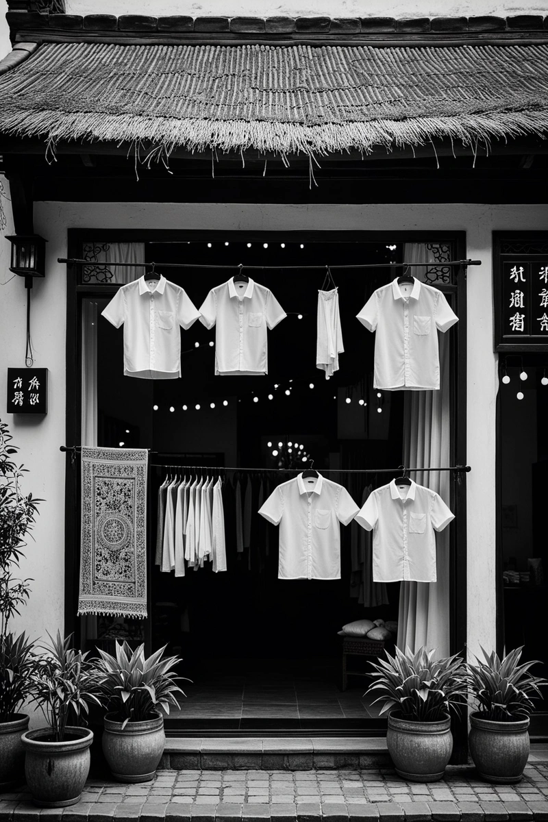 黑白立面的服装店,以茅草屋顶和挂衣展示为特色。这家店位于中国的一个古镇。 黑白立面的服装店,以茅草屋顶和挂衣展示为特色。这家店位于中国的一个古镇。