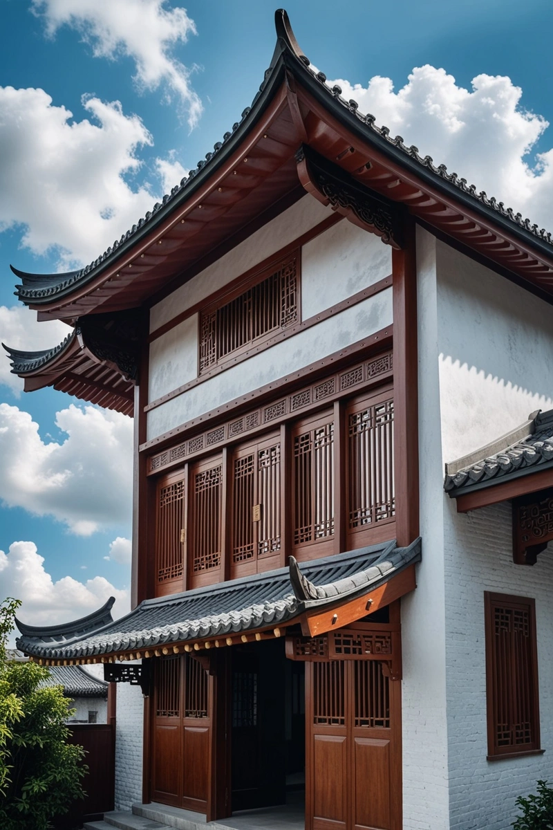 一座中国传统风格的建筑,灰色的屋顶和棕色的入口遮阳篷。天空是蓝色的,散着云。 一座中国传统风格的建筑,灰色的屋顶和棕色的入口遮阳篷。天空是蓝色的,散着云。