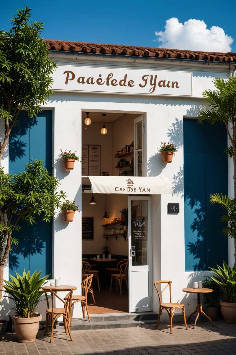 外国一家咖啡店的外观,门口上方的大招牌上写着CAFE DE CHA YUAN。该商店位于一座棕色屋顶的白色建筑内,室内和室外都有各种各样的植物和绿色植物。椅子和桌子的摆放方式鼓励社交和放松。天气晴朗而温暖,背景是蓝色的天空。 外国一家咖啡店的外观,门口上方的大招牌上写着CAFE DE CHA YUAN。该商店位于一座棕色屋顶的白色建筑内,室内和室外都有各种各样的植物和绿色植物。椅子和桌子的摆放方式鼓励社交和放松。天气晴朗而温暖,背景是蓝色的天空。