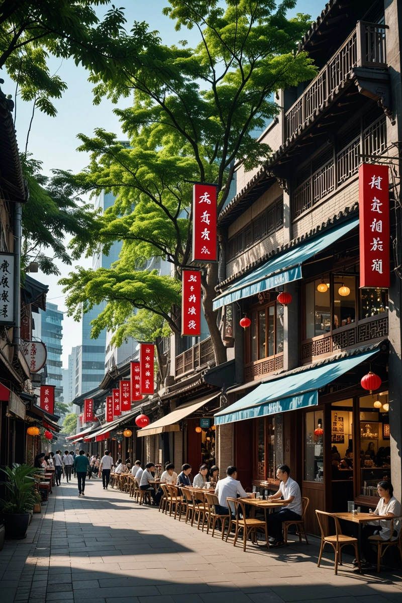 图为一个亚洲城市热闹的街景。街道的一侧是一排传统的中国建筑,每座建筑的底层都有一家现代化的咖啡店。商店的招牌是用中文和英文写的。街道两旁摆放着桌椅,人们走过,从事着各种各样的活动。有人在和朋友聊天,有人在浏览菜单,还有人在逛街。人群是多样化的,有不同年龄和种族的人。气氛熙熙攘攘,充满活力。天空是蓝色的,沿街的树木提供了树荫和一丝绿色。这条街的整体风格是传统与现代的和谐融合。 图为一个亚洲城市热闹的街景。街道的一侧是一排传统的中国建筑,每座建筑的底层都有一家现代化的咖啡店。商店的招牌是用中文和英文写的。街道两旁摆放着桌椅,人们走过,从事着各种各样的活动。有人在和朋友聊天,有人在浏览菜单,还有人在逛街。人群是多样化的,有不同年龄和种族的人。气氛熙熙攘攘,充满活力。天空是蓝色的,沿街的树木提供了树荫和一丝绿色。这条街的整体风格是传统与现代的和谐融合。
