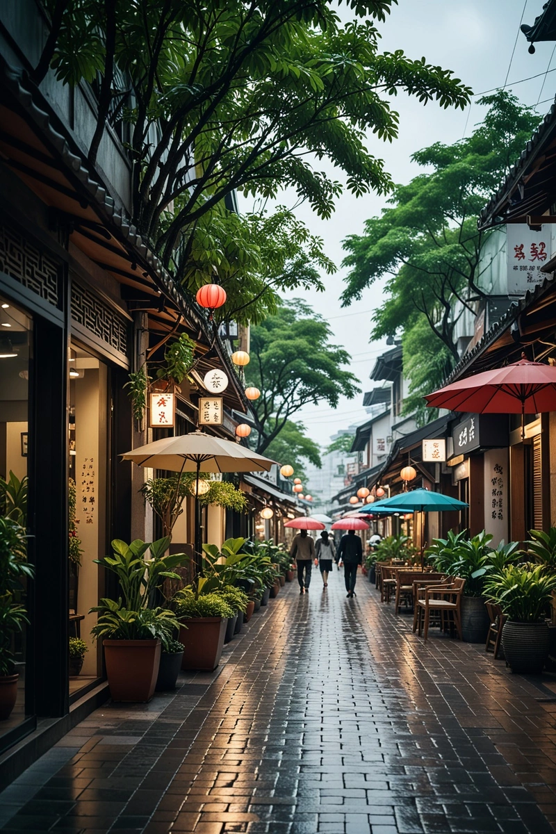 图为一个亚洲城市热闹的街景。街道两旁有几座小建筑物，街道两旁种满了树。许多人走在街上，有些人拿着雨伞，有些人拿着手提包。天气似乎多云。这幅图还捕捉到了一些元素，如椅子、餐桌和盆栽植物。这条街的整体风格传统而大气。这张照片是在购物区拍摄的，如右边的JAXG标志所示。